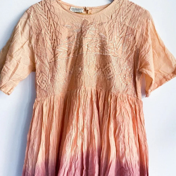 Vintage Y2k 2000s Ombré Crnkled Cotton Iddia Embroidered Midi Dress M - Picture 4 of 9